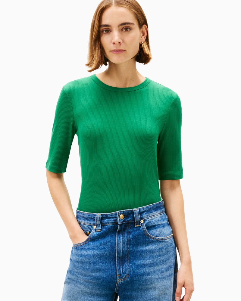 Front view of green ribbed slim-fit T-shirt by Tommy Hilfiger