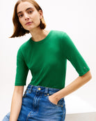 Close-up of ribbed texture and crew neckline