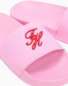 Pink Tommy Hilfiger script slide close-up of strap – Áines Boutique