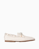 Cream Tommy Hilfiger sleek leather boat shoe front angled view on white background – Áines Boutique