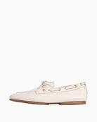 Cream Tommy Hilfiger leather boat shoe side view showing lace detail – Áines Boutique