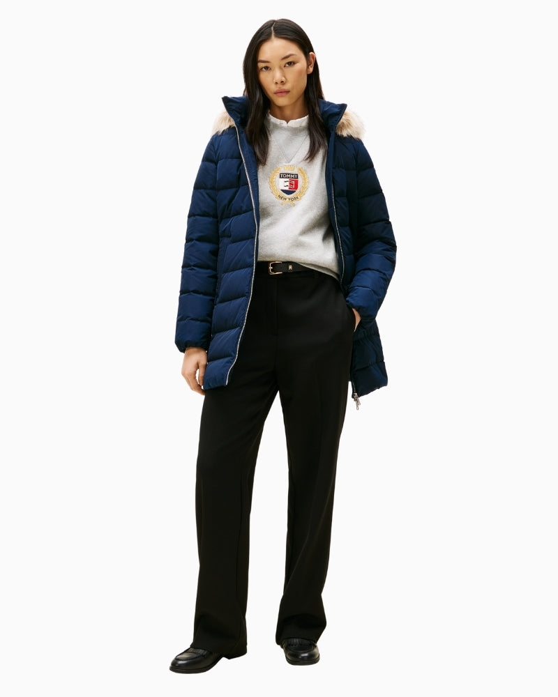 Tommy Hilfiger navy slim down coat with faux fur hood and quilted finish
