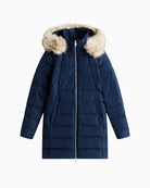 Front view of navy padded coat with zip front and shaped fit