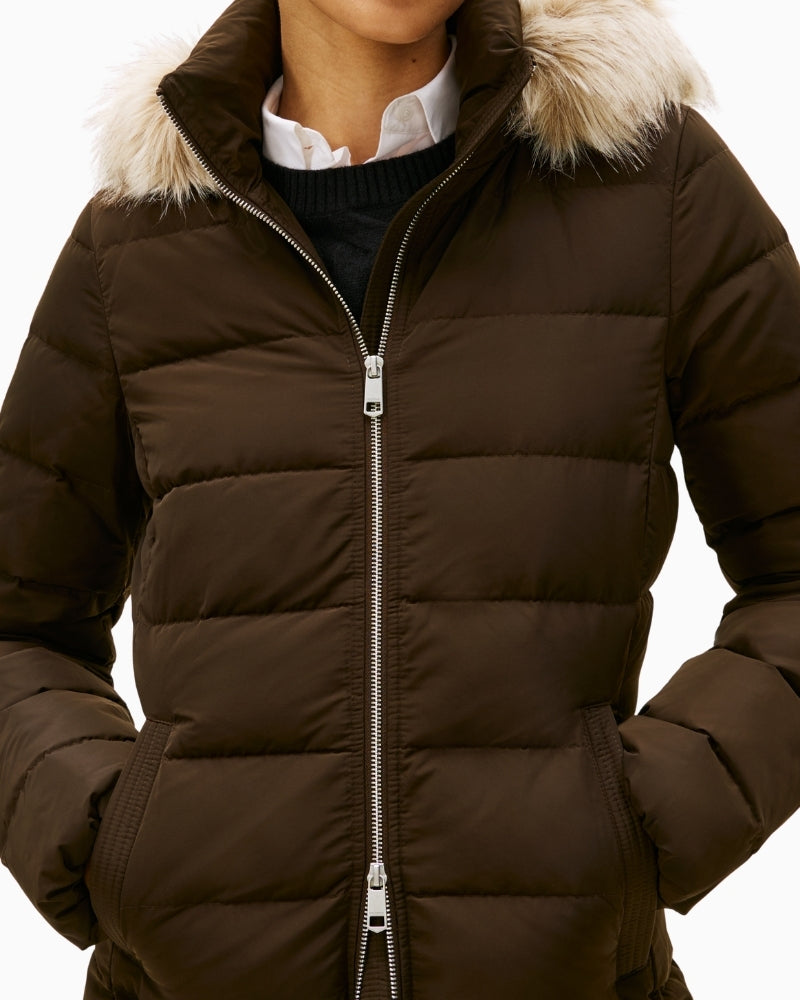 Close-up of faux fur trim and hood on Tommy Hilfiger winter coat