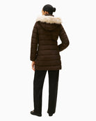 Back view of slim puffer coat with shaped seams and mid-length cut