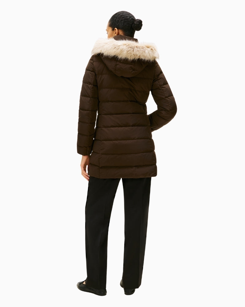 Back view of slim puffer coat with shaped seams and mid-length cut