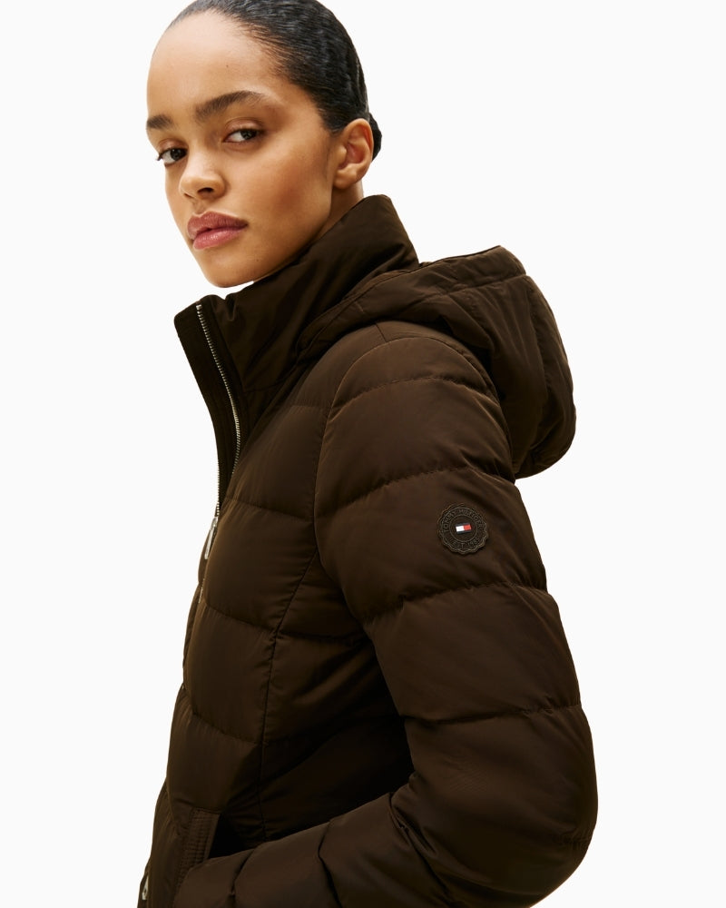 Close-up of faux fur trim and hood on Tommy Hilfiger winter coat