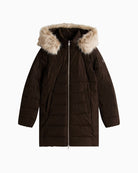 Front view of fitted winter coat with quilted panels and warm lining
