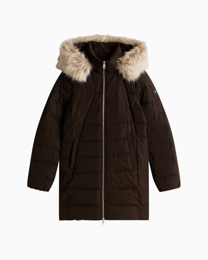 Front view of fitted winter coat with quilted panels and warm lining