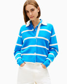 Front view of Tommy Hilfiger blue and white stripe knit sweatshirt