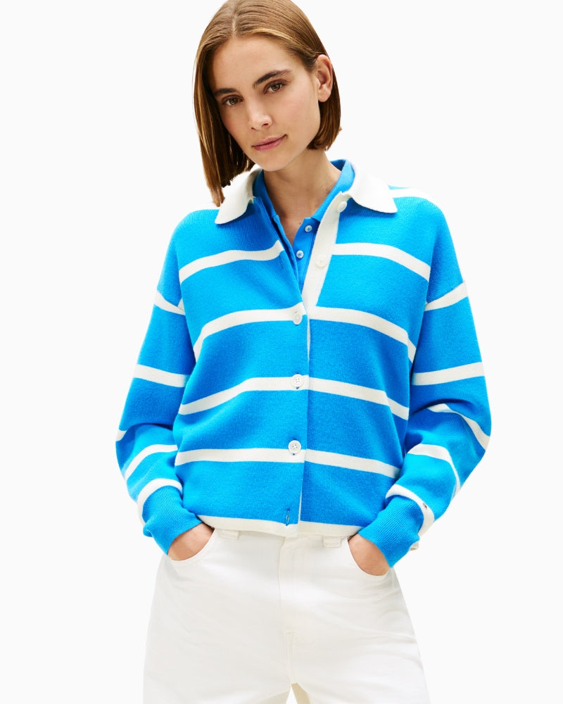 Front view of Tommy Hilfiger blue and white stripe knit sweatshirt