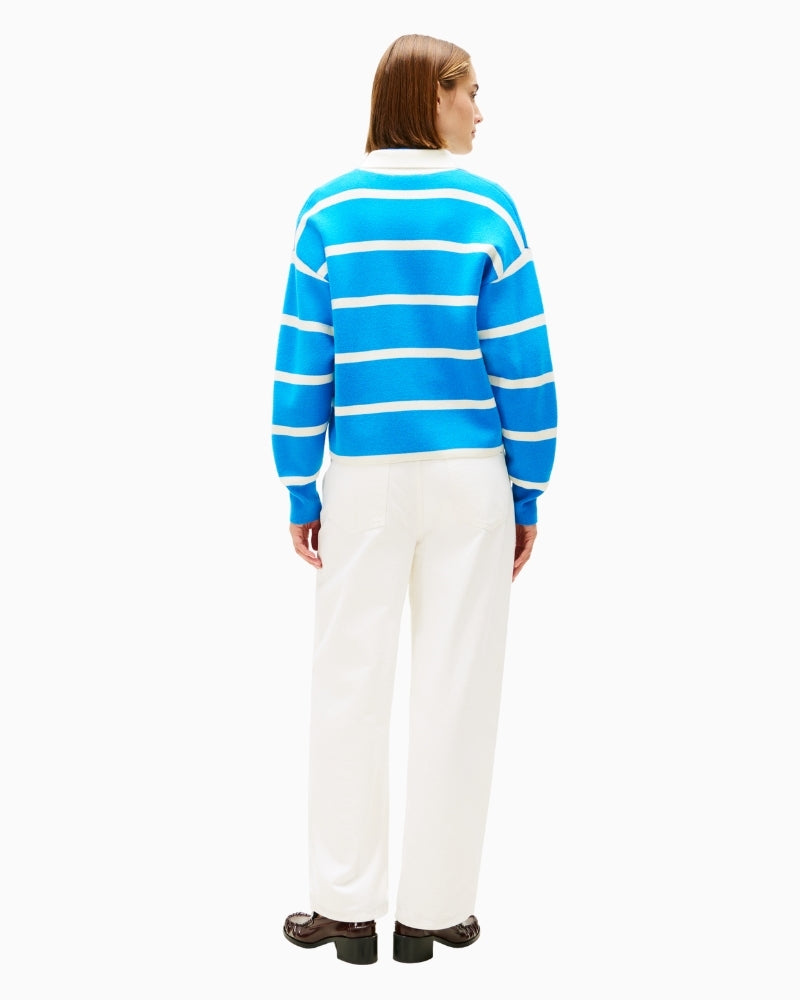 Back view of striped knit jumper with ribbed hem