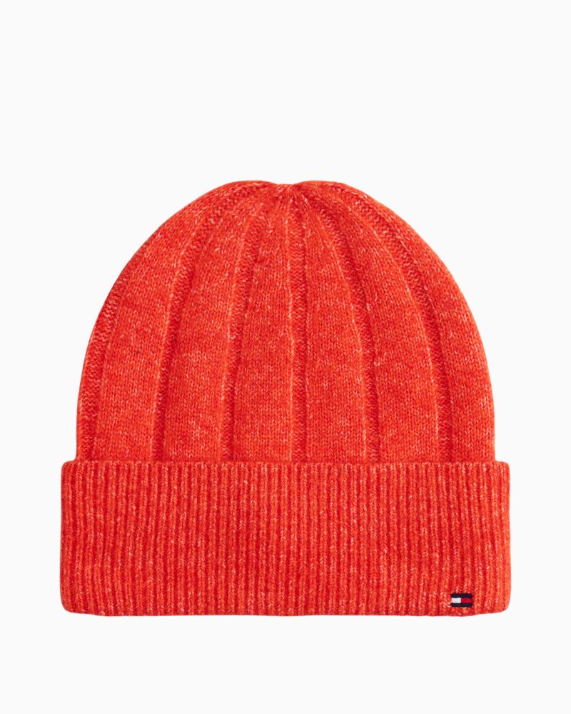 Tommy Hilfiger orange fluffy beanie with ribbed knit and flag logo on cuff