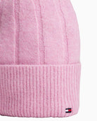 Close-up of Tommy Hilfiger winter hat showing soft knit texture and fold-over design