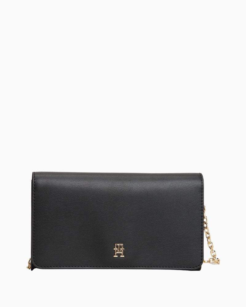 Tommy Hilfiger black flap bag with gold chain strap and logo detailing