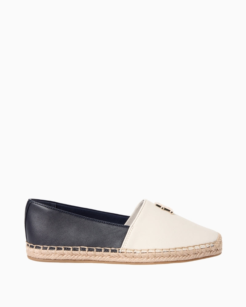 Cream and navy Tommy Hilfiger TH logo leather espadrille angled view on white background – Áines Boutique