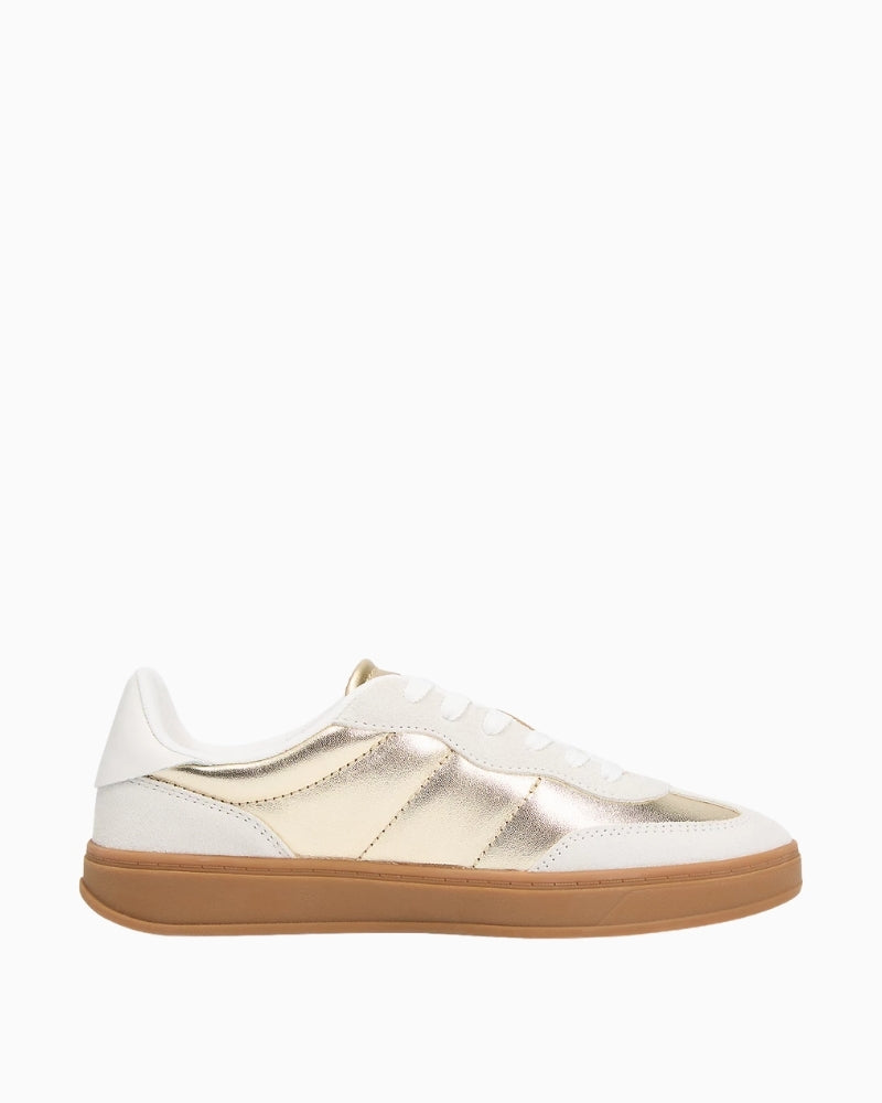 Side view of Tommy Hilfiger metallic leather trainers with TH monogram