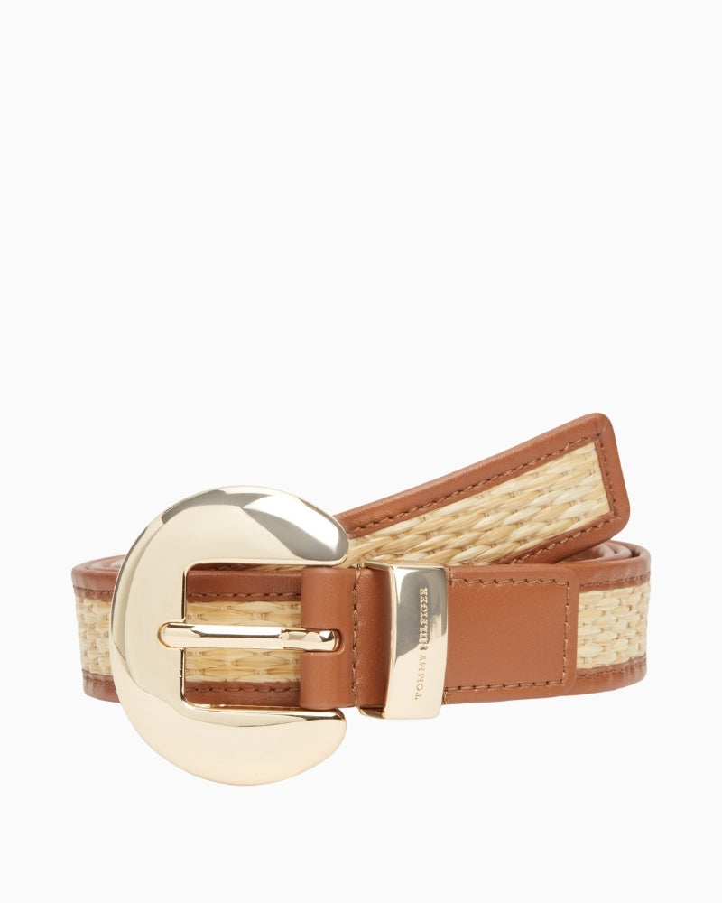 Tommy Hilfiger TH Oval 2.5 raffia belt tan front view – Áines Boutique