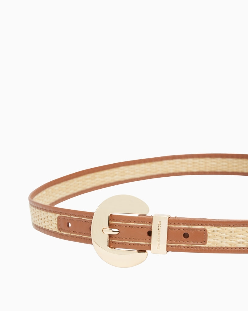 Tommy Hilfiger TH Oval 2.5 raffia belt tan rolled view – Áines Boutique