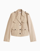 Front view of single-breasted cotton blazer with chest and front pockets