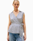 Tommy Hilfiger navy viscose wrap top with waist tie and long sleeves