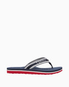 Navy Tommy Hilfiger webbing summer sandal angled view showing logo straps – Áines Boutique