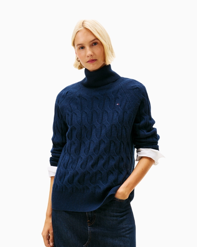 Tommy Hilfiger 100% wool roll neck jumper with cable knit design
