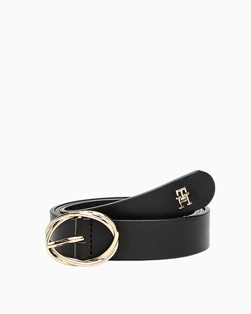 Black leather women's belt with gold twisted oval buckle and small 'TH' logo