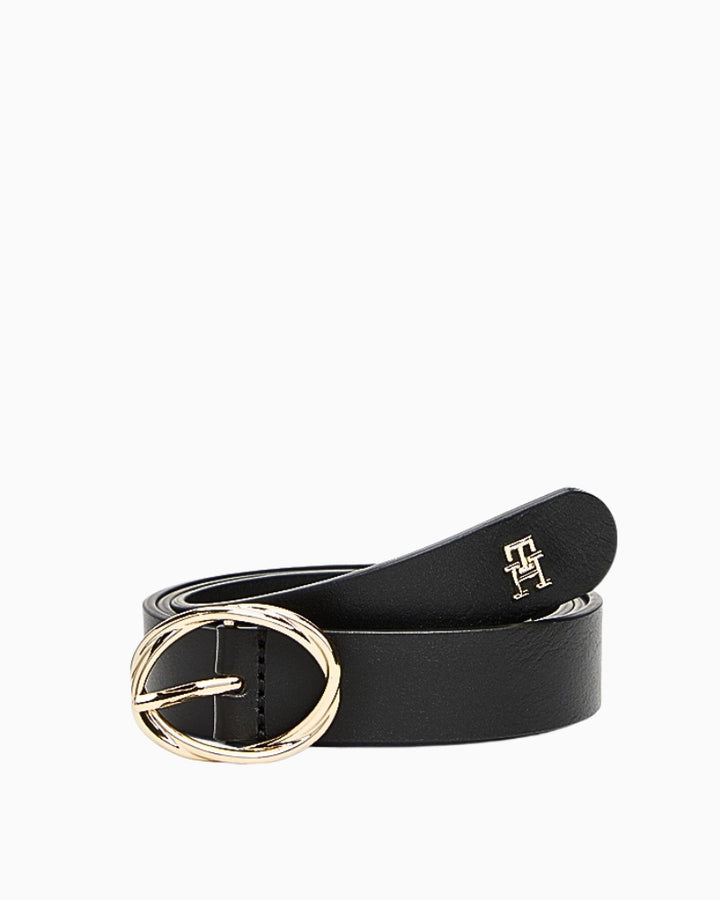 Black leather women's belt with gold twisted oval buckle and small 'TH' logo