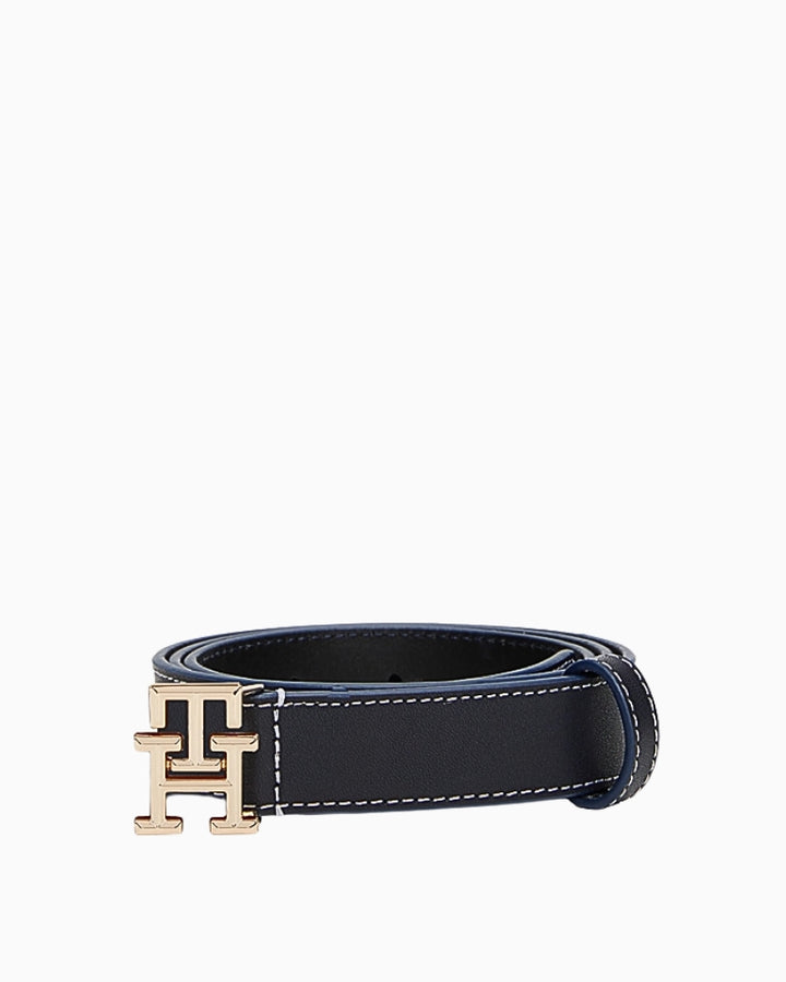 Rolled black leather belt with gold monogram buckle and contrast stitching