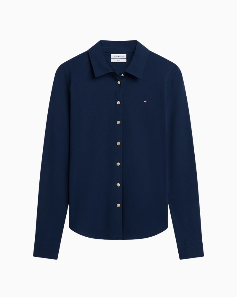 Tommy Hilfiger 1985 Gold-Tone Button Shirt in Navy chest flag embroidery detail
