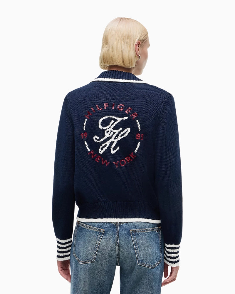 Tommy Hilfiger Back Logo Embroidery Relaxed Polo Cardigan in navy back view