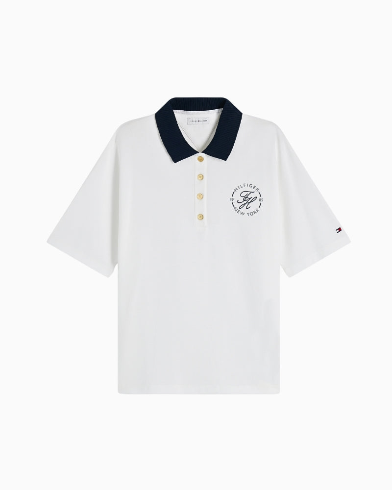 Tommy Hilfiger Breton Collar Short Sleeve Polo in ecru front view