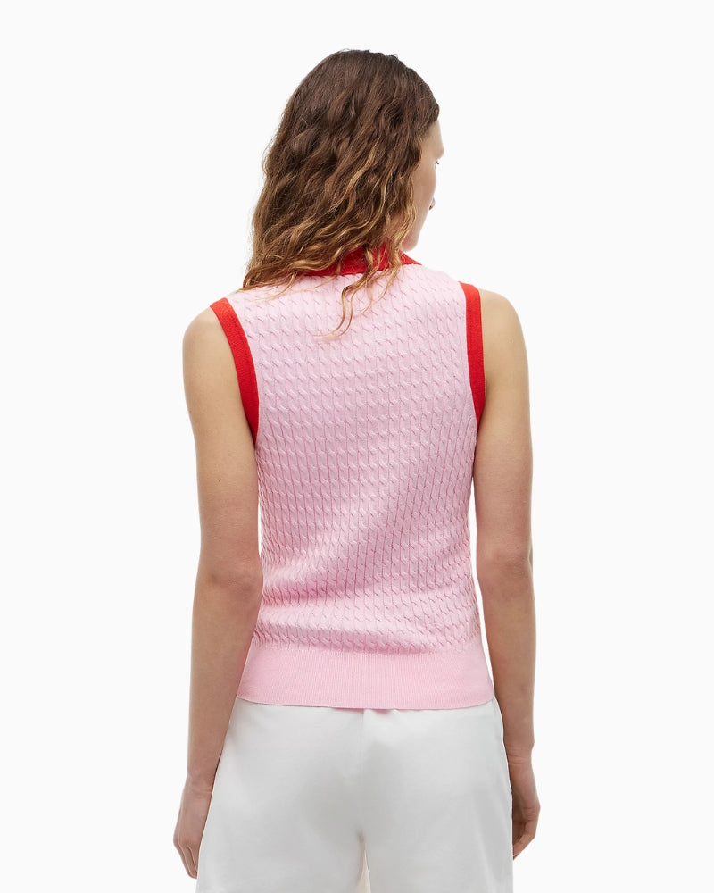 Tommy Hilfiger Cable Knit Sleeveless Polo Jumper in pink back view