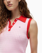 Tommy Hilfiger Cable Knit Sleeveless Polo Jumper in pink chest logo detail