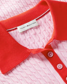 Tommy Hilfiger Cable Knit Sleeveless Polo Jumper in pink collar detail
