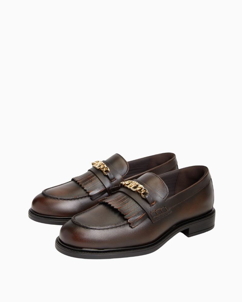 Tommy Hilfiger Chain Fringe Leather Loafer in Brown chain and fringe detail