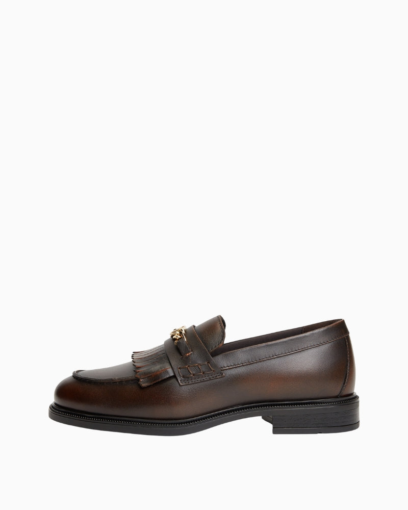 Tommy Hilfiger Chain Fringe Leather Loafer in Brown left side view