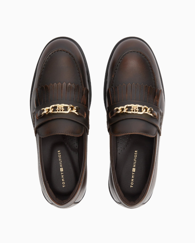 Tommy Hilfiger Chain Fringe Leather Loafer in Brown top view