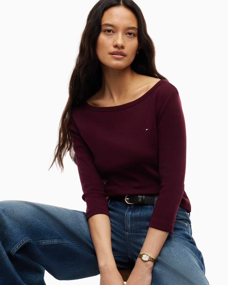 Tommy Hilfiger Cody Boat-Neck Tee in Burgundy neckline detail