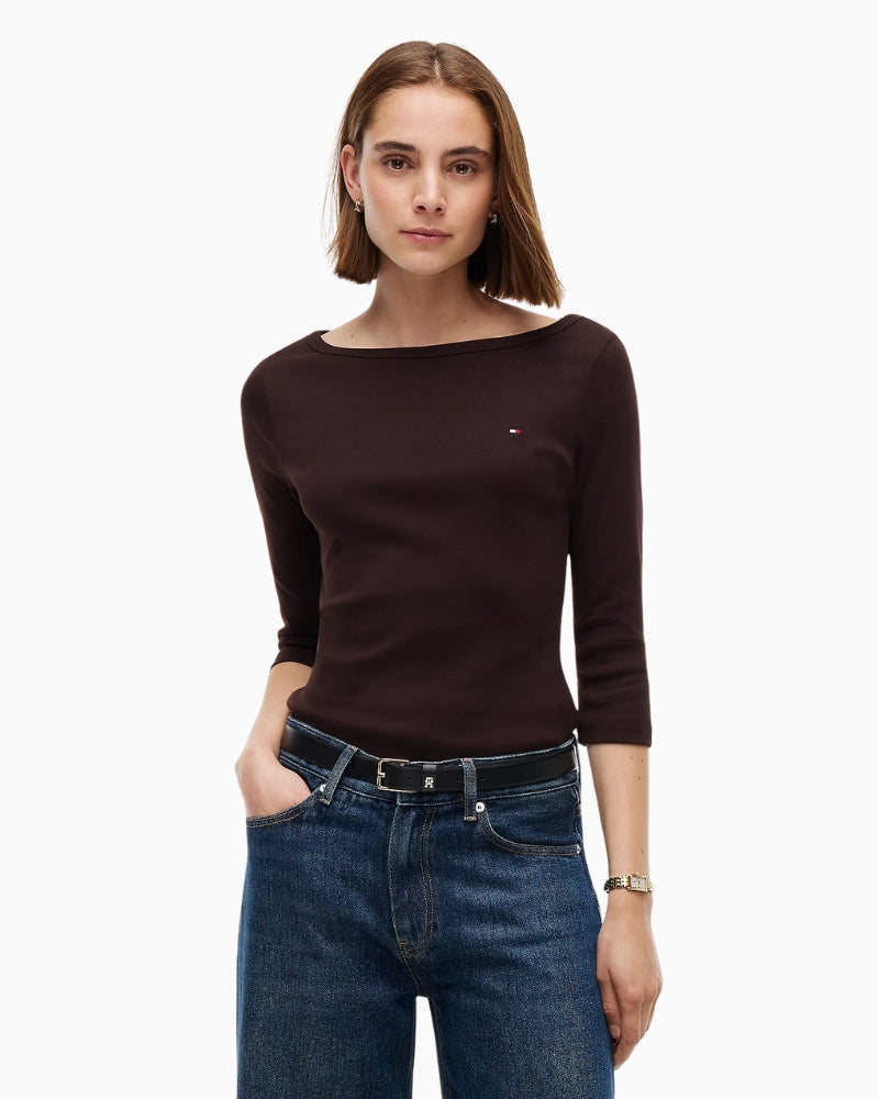 Tommy Hilfiger Cody Boat Neck 3/4 Sleeve Tee in Brown front view