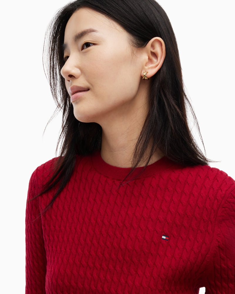 Tommy Hilfiger Cotton Cable Fine Sweater in Raspberry Juice crew neckline detail
