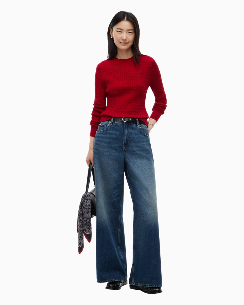 Tommy Hilfiger Cotton Cable Fine Sweater in Raspberry Juice front view