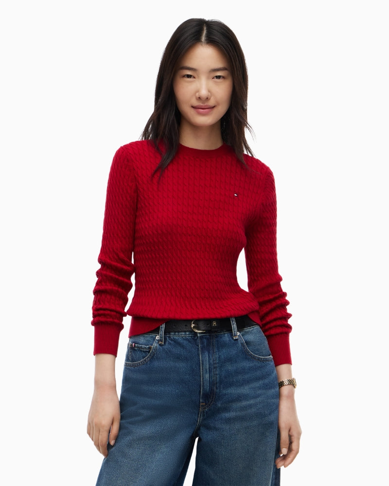 Tommy Hilfiger Cotton Cable Fine Sweater in Raspberry Juice front view