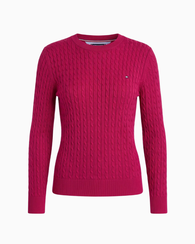 Tommy Hilfiger Cotton Cable Fine Sweater in Raspberry front view