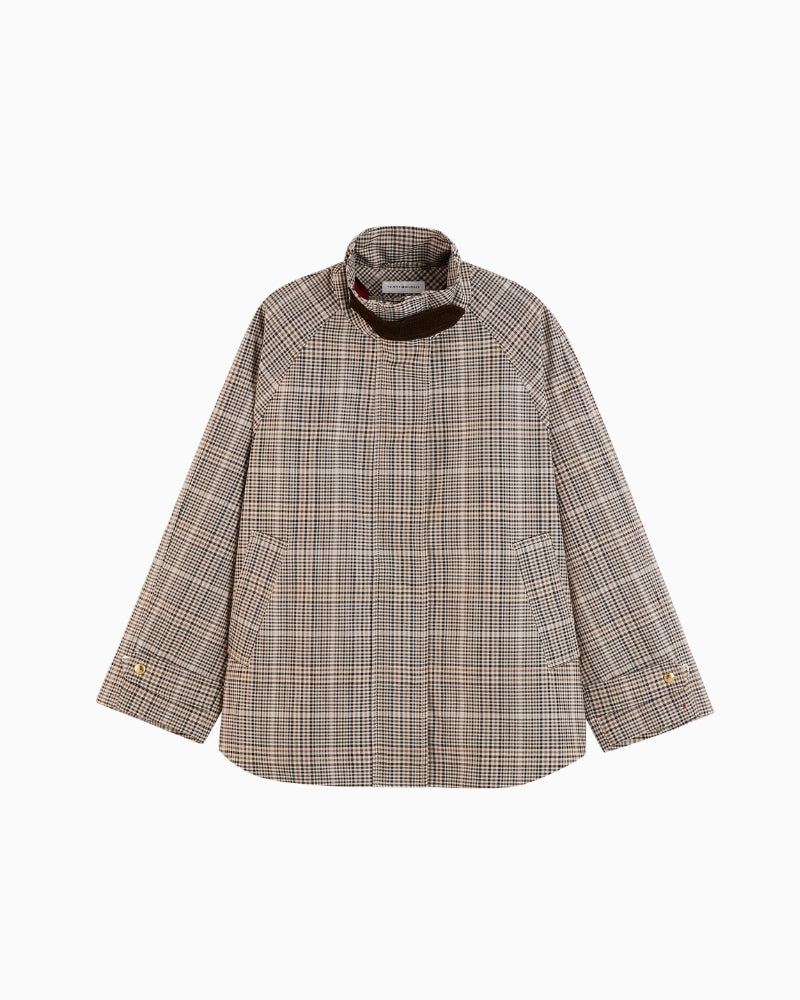 Tommy Hilfiger Cotton Check Cape Coat in Small Brown Check check pattern detail