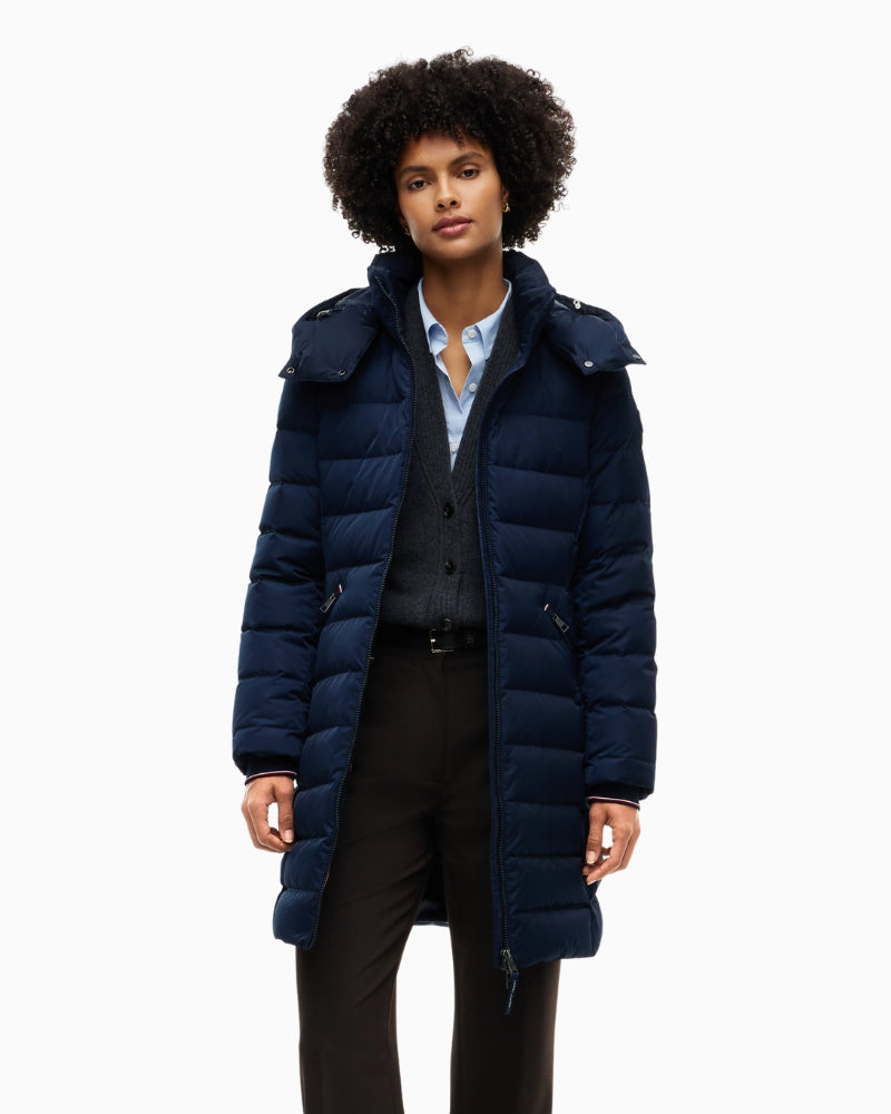 Tommy Hilfiger Down Branded Fitted Coat in Navy front view