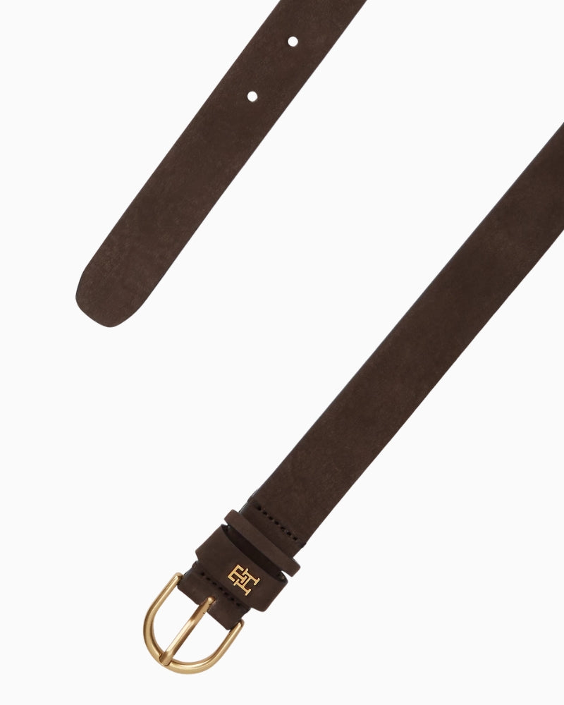 Tommy Hilfiger Effortless 2.5 NB Brass Belt in Brown nubuck leather close-up