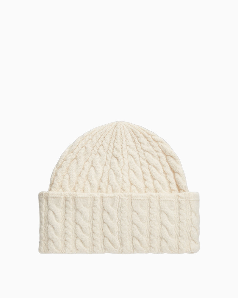 Tommy Hilfiger Enamel Flag Cable Beanie in Light Beige folded view