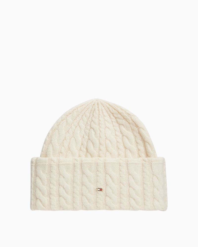 Tommy Hilfiger Enamel Flag Cable Beanie in Light Beige front view